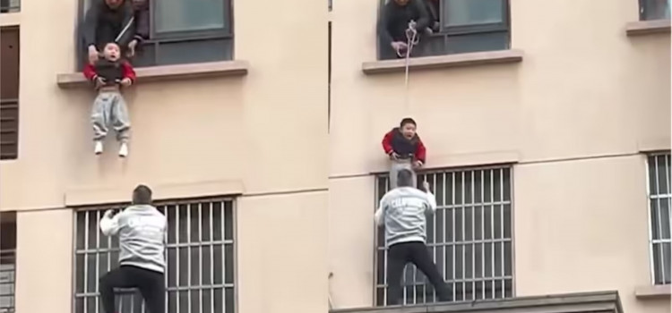 Chinês escala prédio e salva menino que caiu da janela